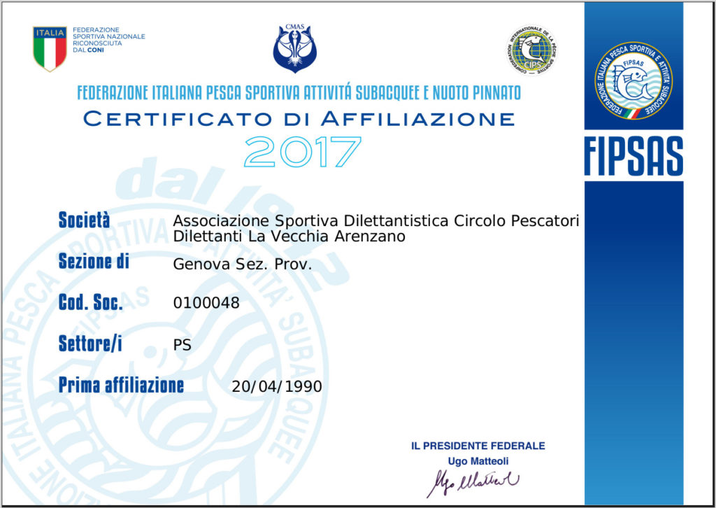 Certificato affiliazione Fipsas 2017