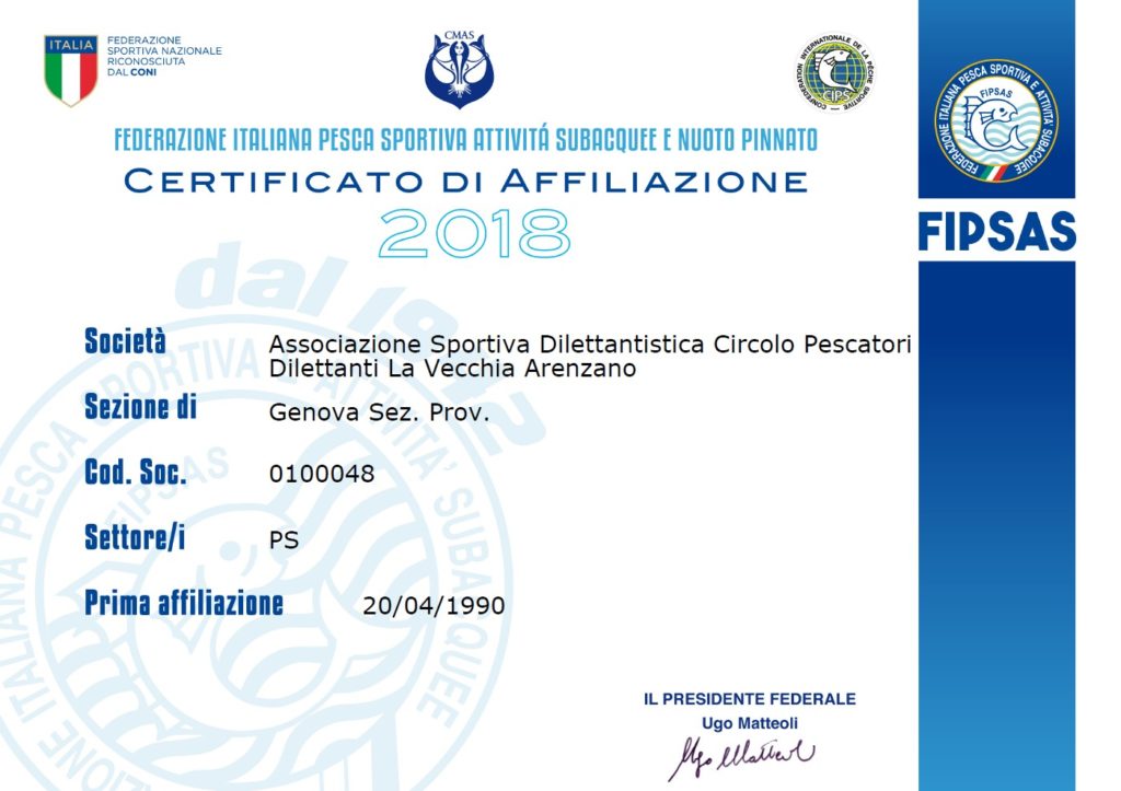 Certificato affiliazione Fipsas 2018